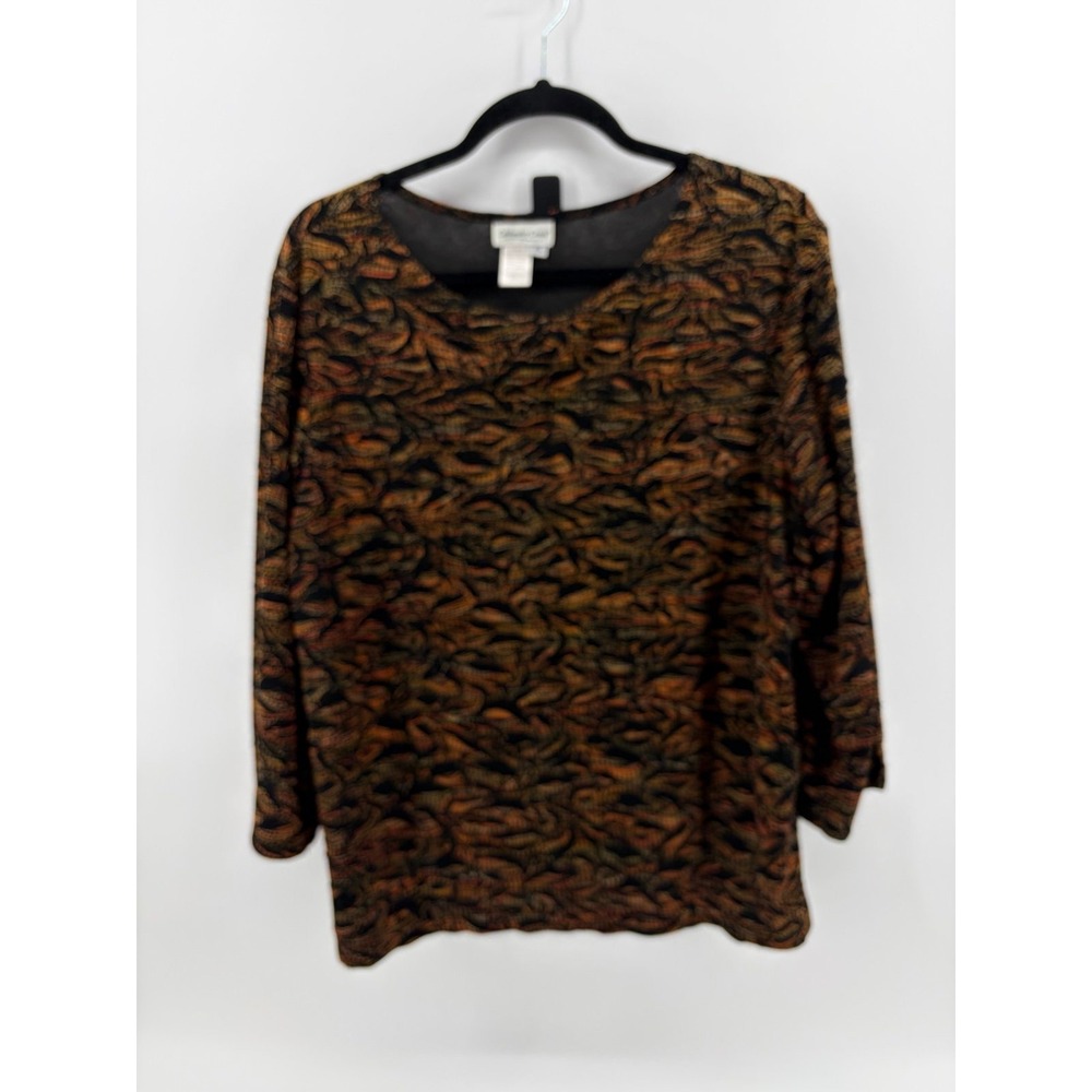 Coldwater Creek, Textured Blouse, Orange/ Black 3/4 Sleeve, Side Vents, Woman XL